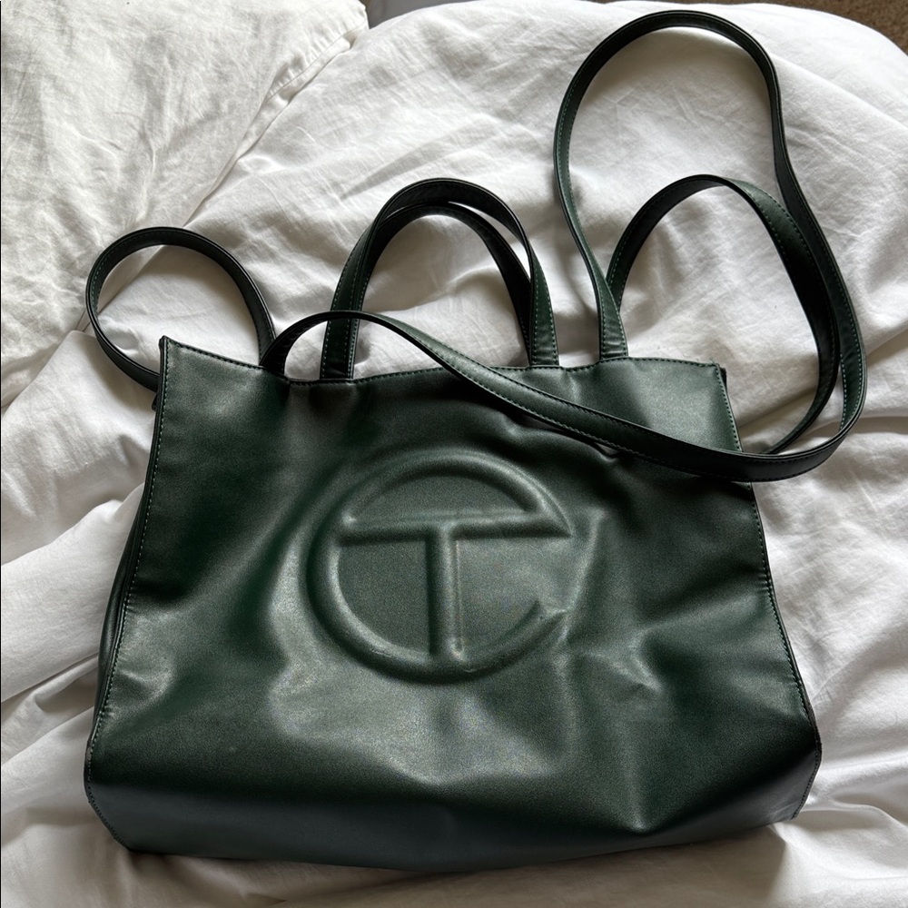Telfar Green Leather Tote Bag with Embossed Logo